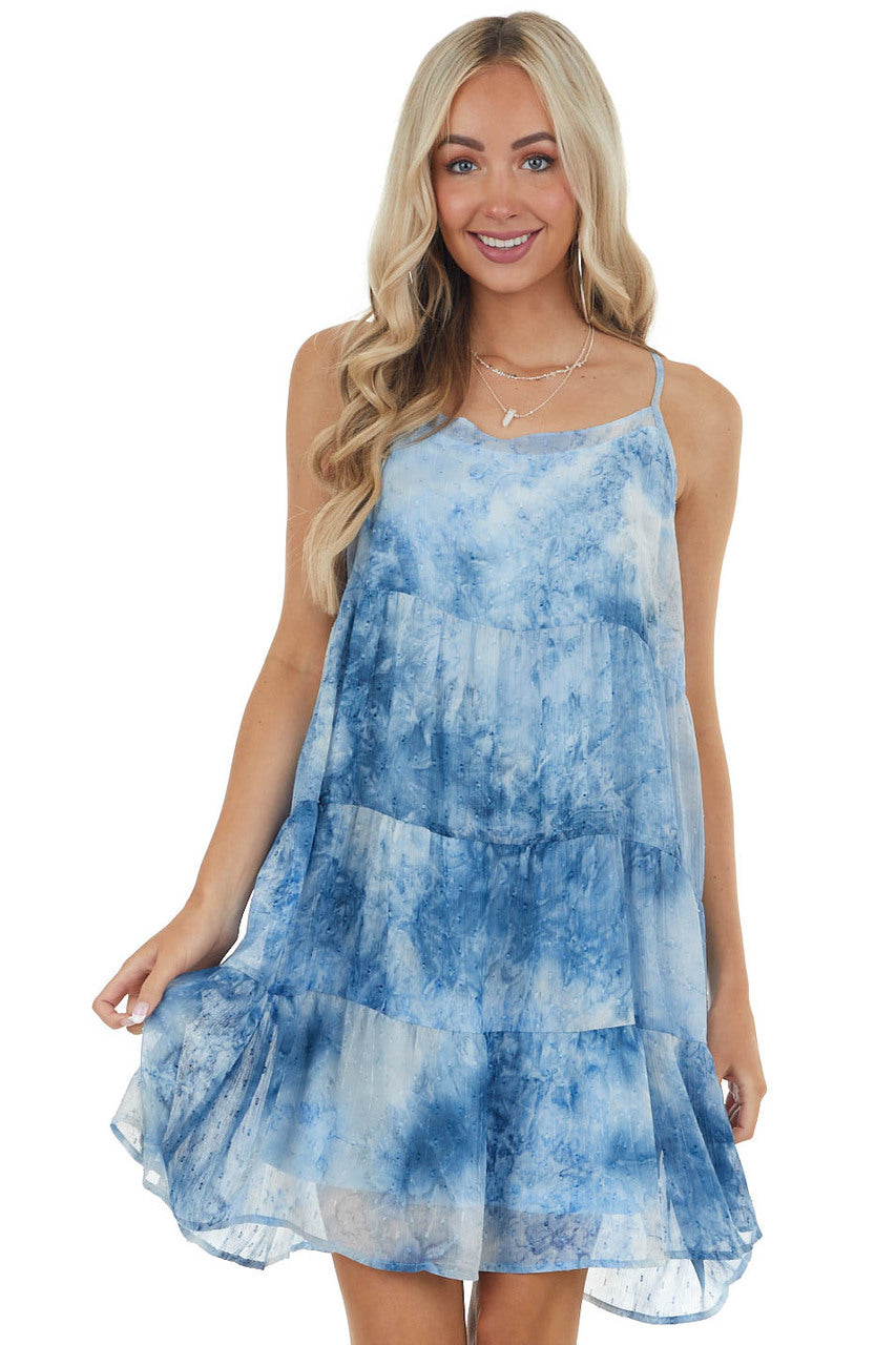 Blue Tie Dye Swiss Dot Short Dress with Straps