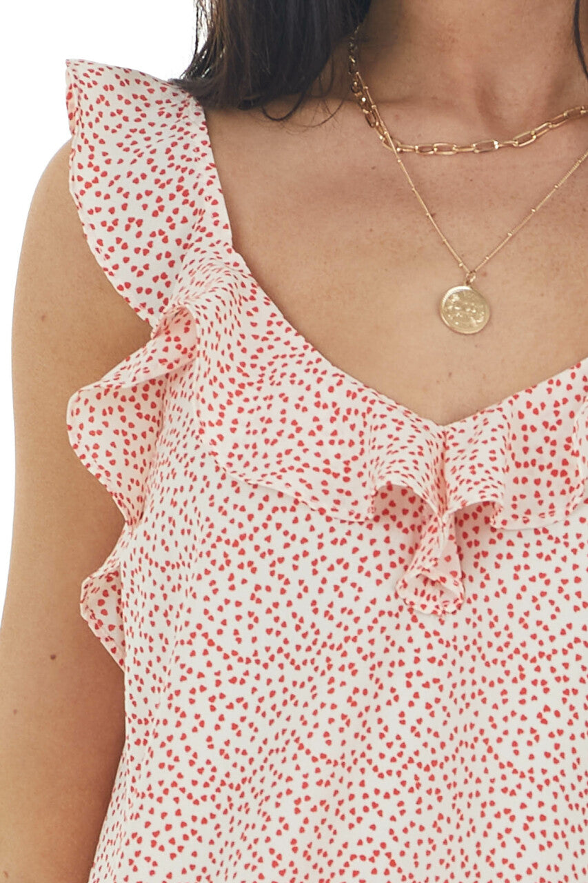Crimson Red Heart Print Sleeveless Top with Ruffle Detail