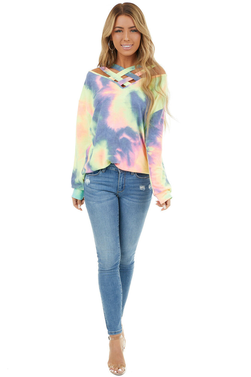 Multi Color Tie Dye Long Sleeve with Criss Cross Neck Detail 