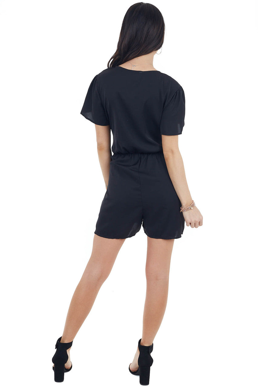 Black V Neckline Short Sleeve Romper with Front Tie Detail 