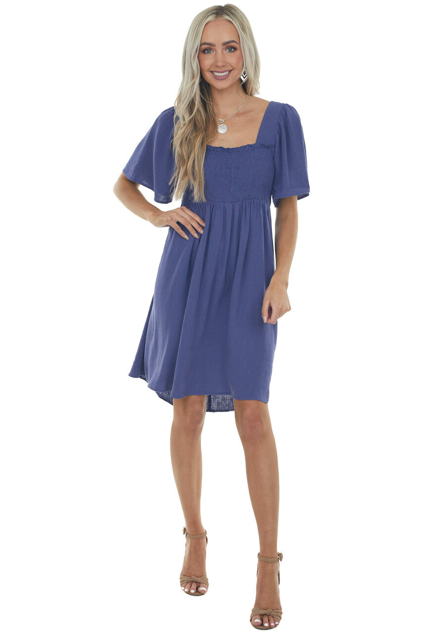 Dusty Blue Smocked Flutter Sleeve Linen Dress 