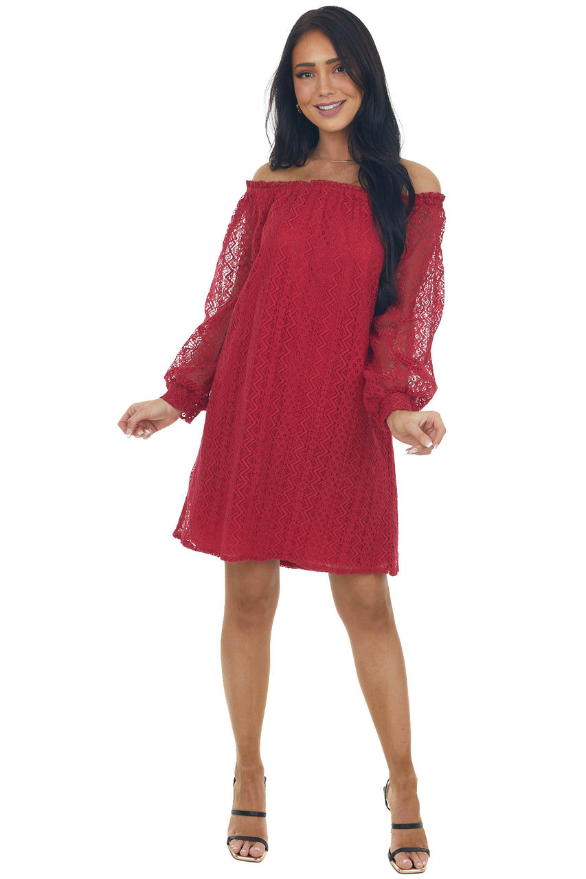 Crimson Off the Shoulder Lace Short Dress