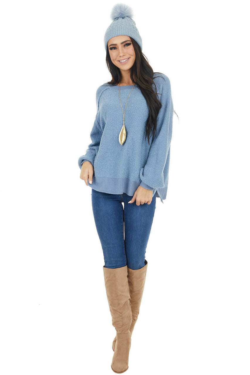 Dusty Blue Long Sleeve Lightweight Sweater with Raw Details