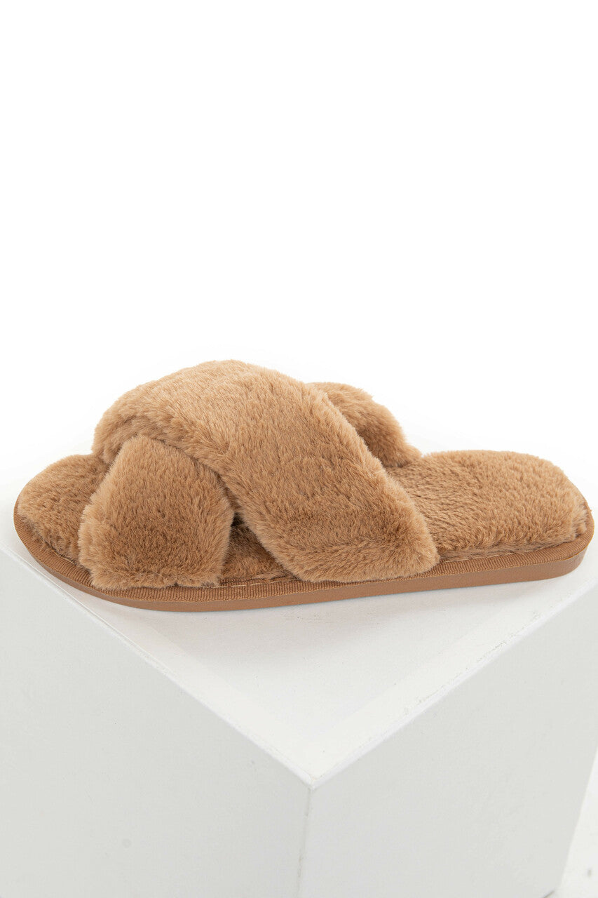 Camel Super Soft Fuzzy Slippers with Criss Cross Straps