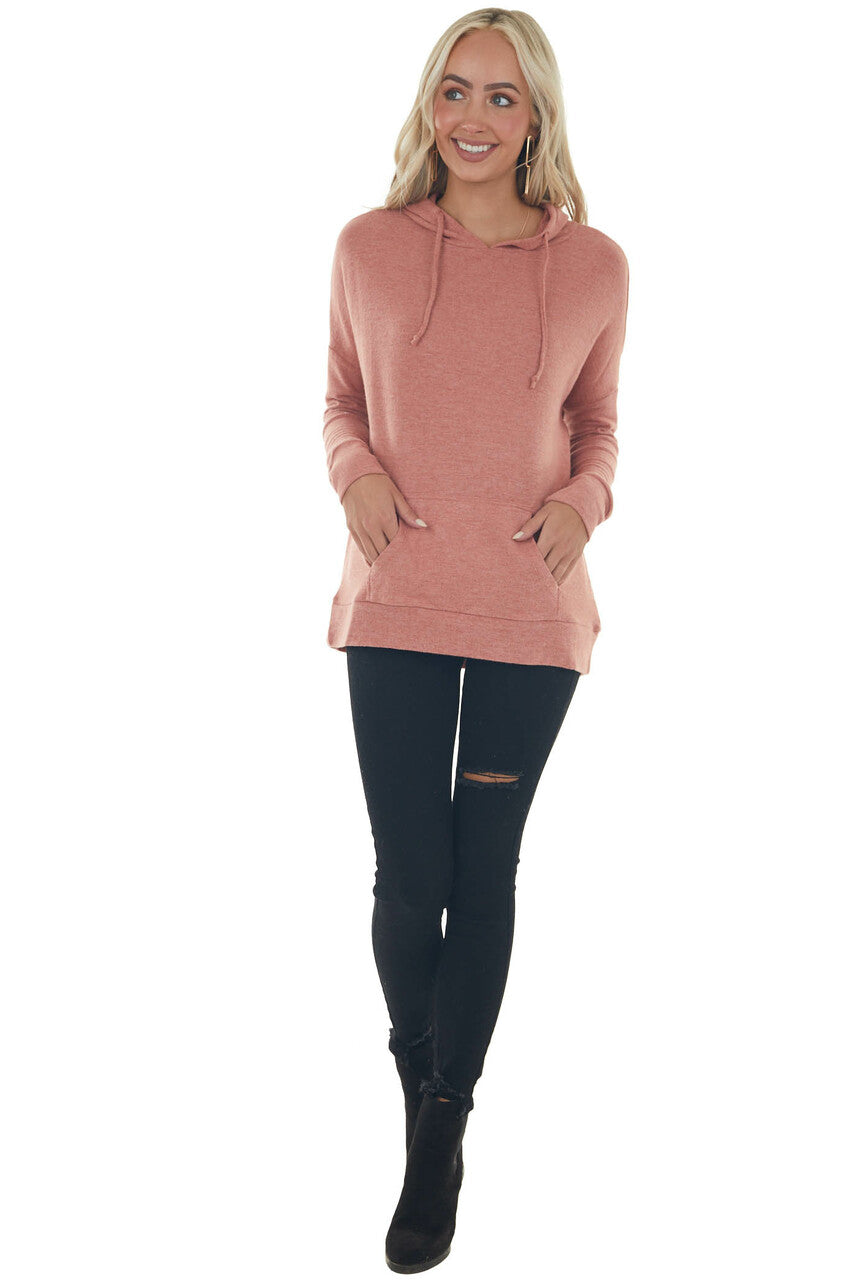 Heathered Coral Kangaroo Pouch Knit Hoodie
