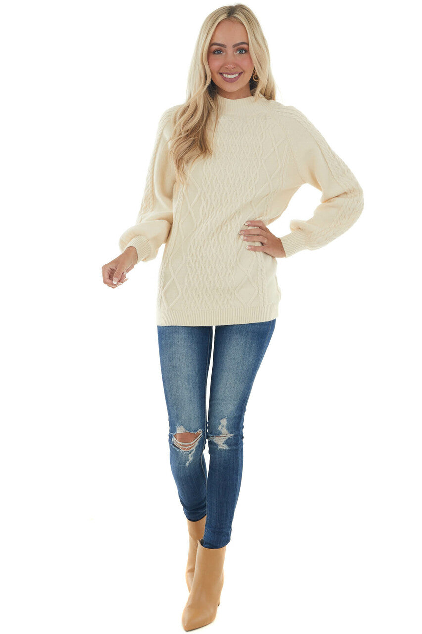 Cream Long Puff Sleeve Cable Knit Sweater