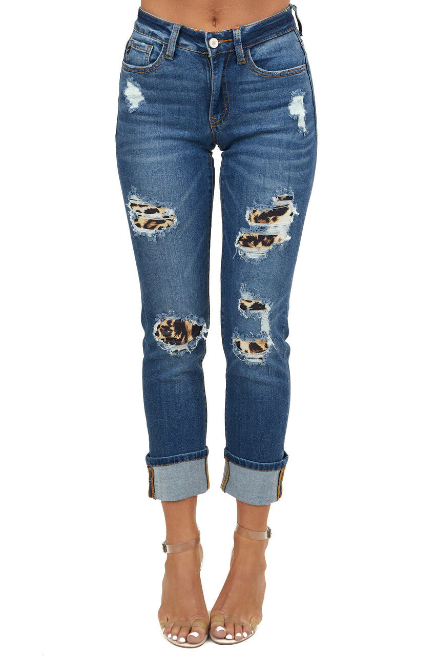 Mid Wash Denim Blue Distressed Animal Print Skinny Jeans
