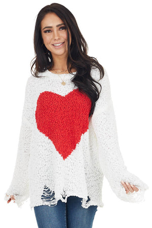 White Long Sleeve Distressed Sweater with Red Heart Detail