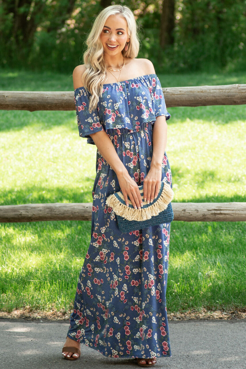 Off the Shoulder Navy Floral Print Maxi Dress