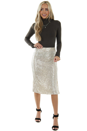 Beige Sequin Midi Skirt with Side Slit 