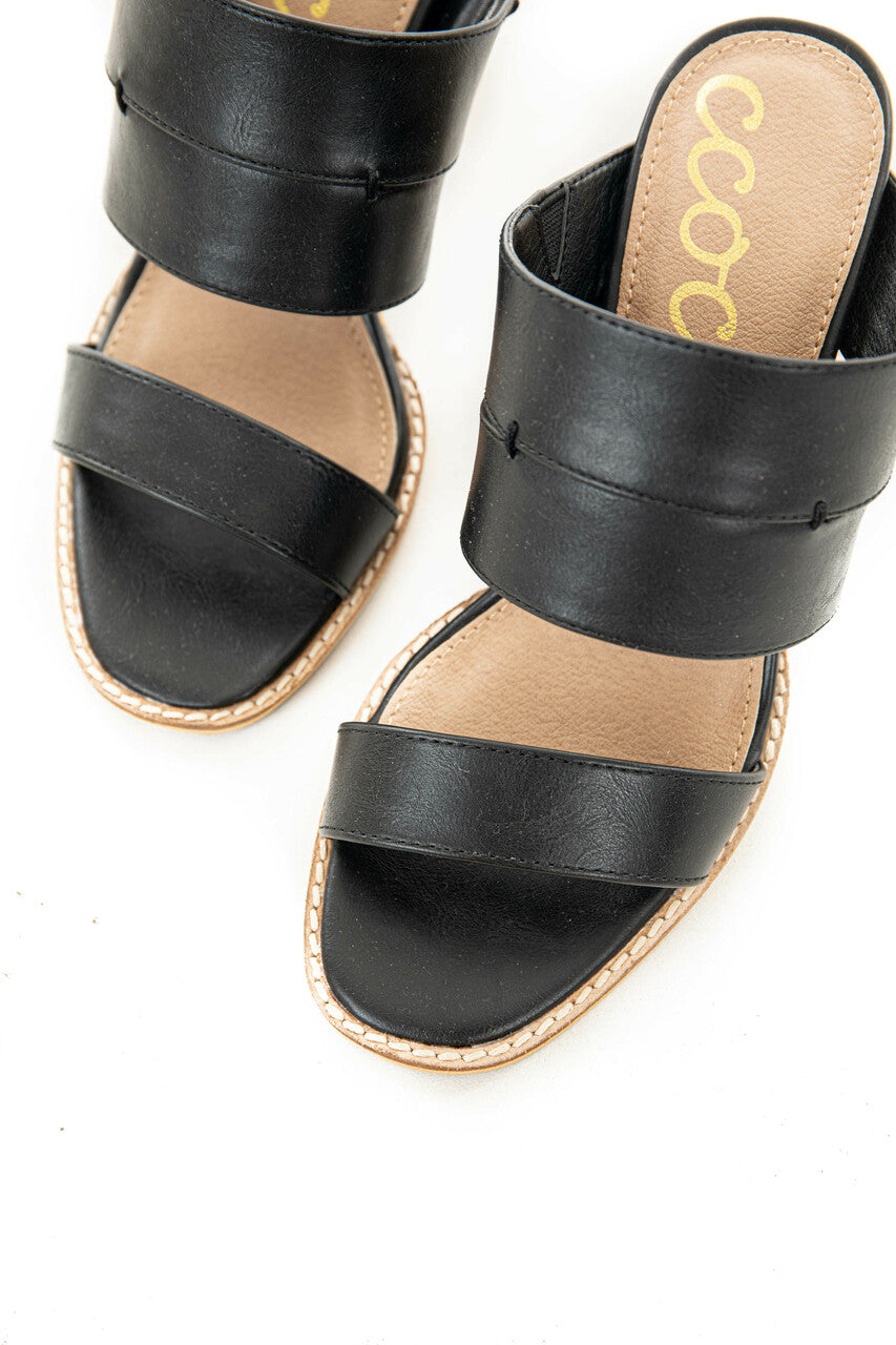 Black Faux Leather Open Toe Heeled Mules