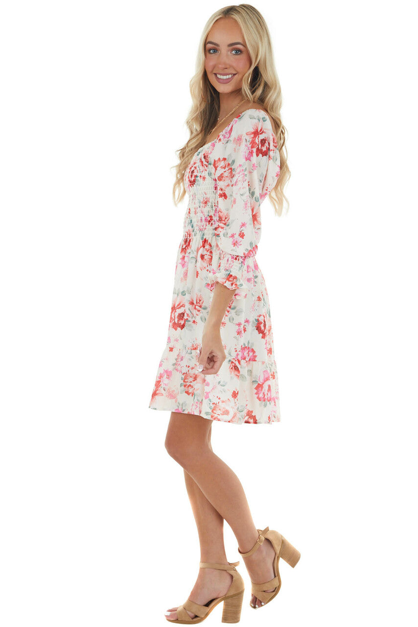 Cream and Ruby and Smocked Bust Long Sleeve Mini Dress 