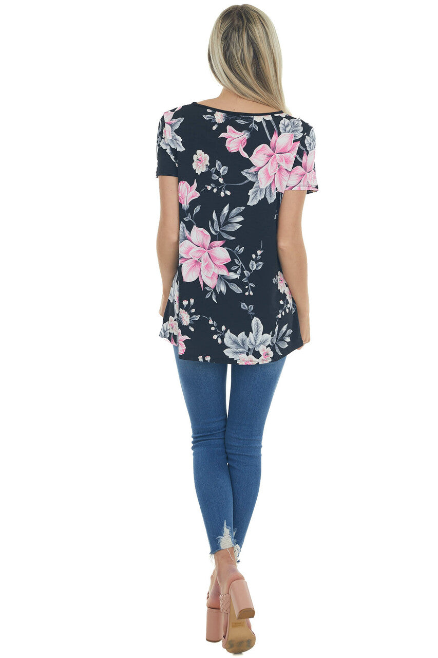 Black Floral Print Knit Top with Chest Cut Out