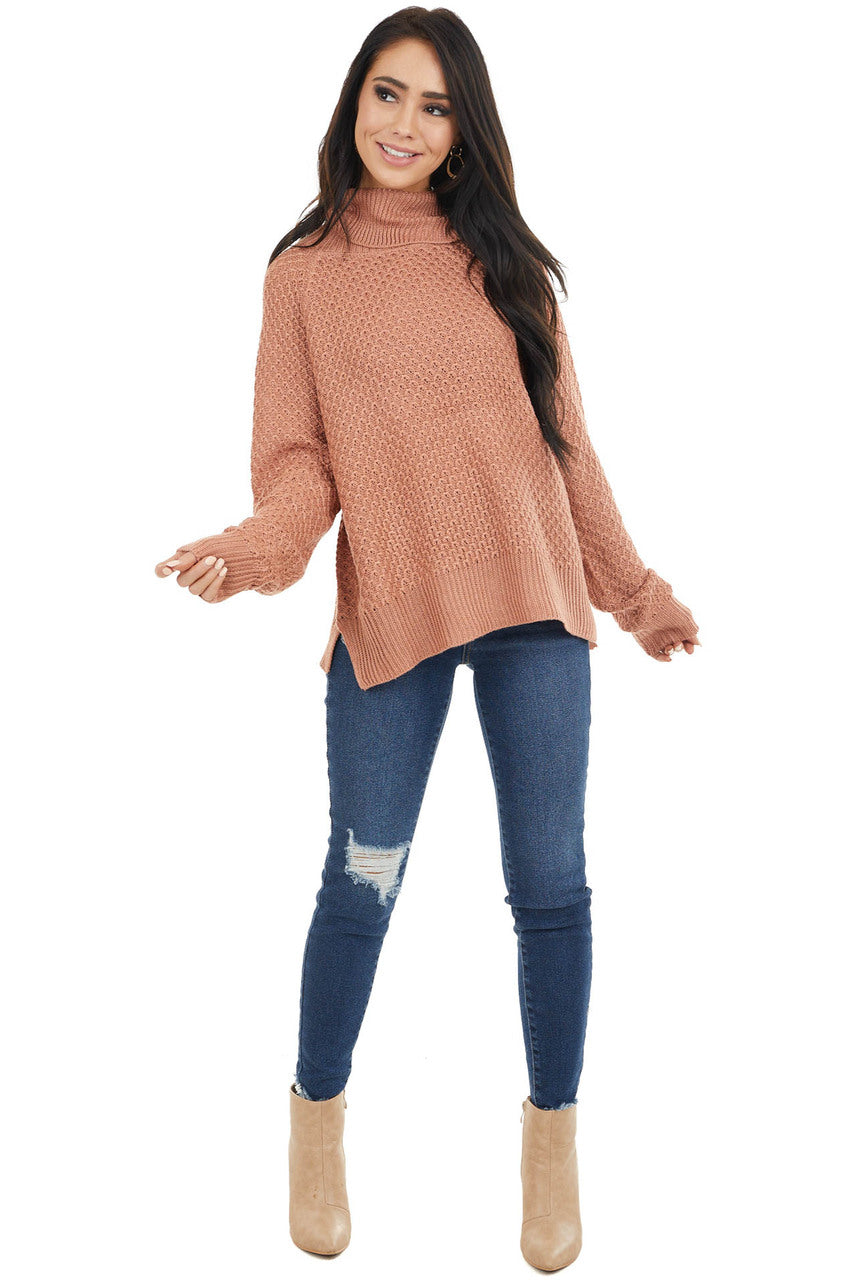 Terracotta Waffle Knit Turtleneck Sweater with Long Sleeves