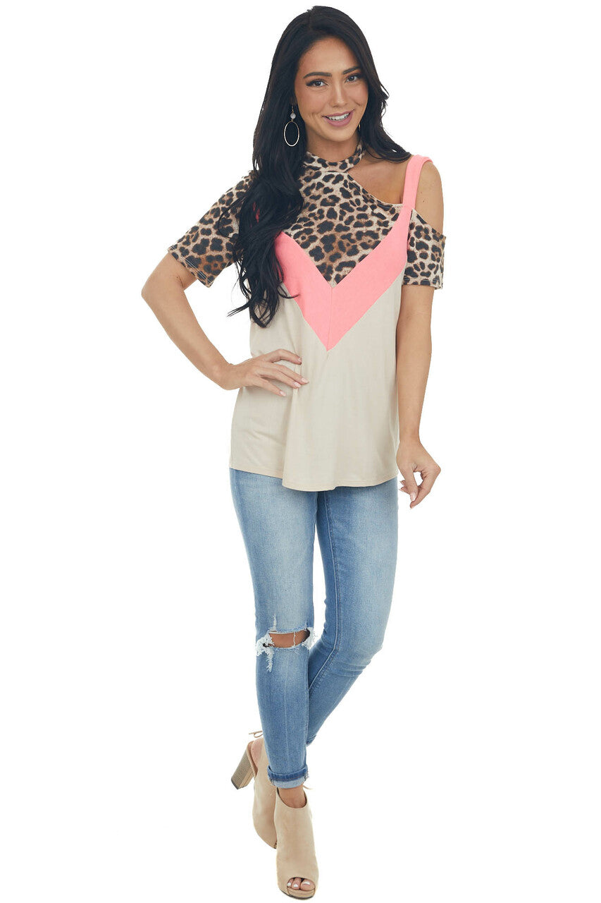 Beige and Neon Pink Leopard Print Top