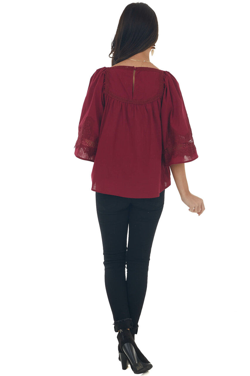 Maroon Flare Sleeve Lace Trim Blouse