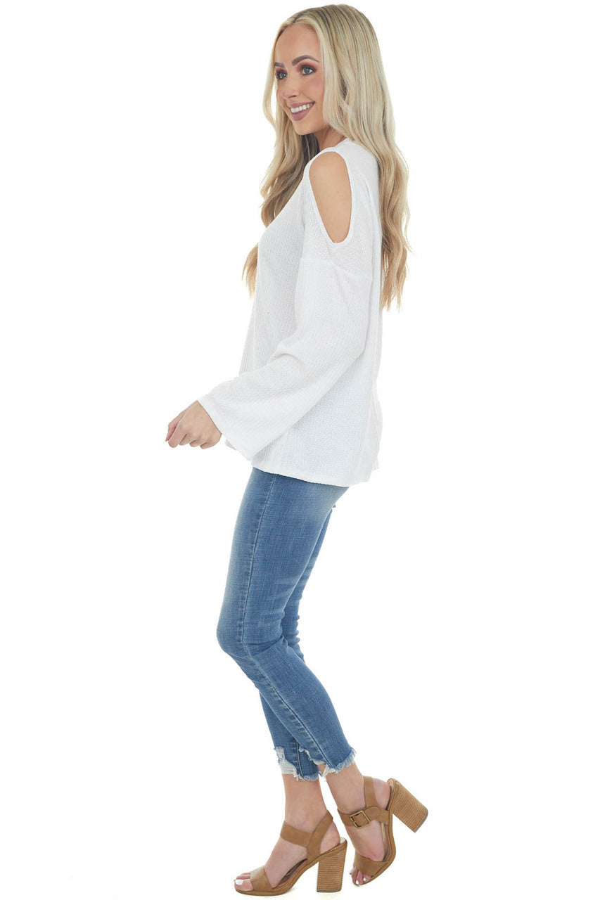 Ivory Waffle Knit Long Sleeve Top with Cold Shoulder