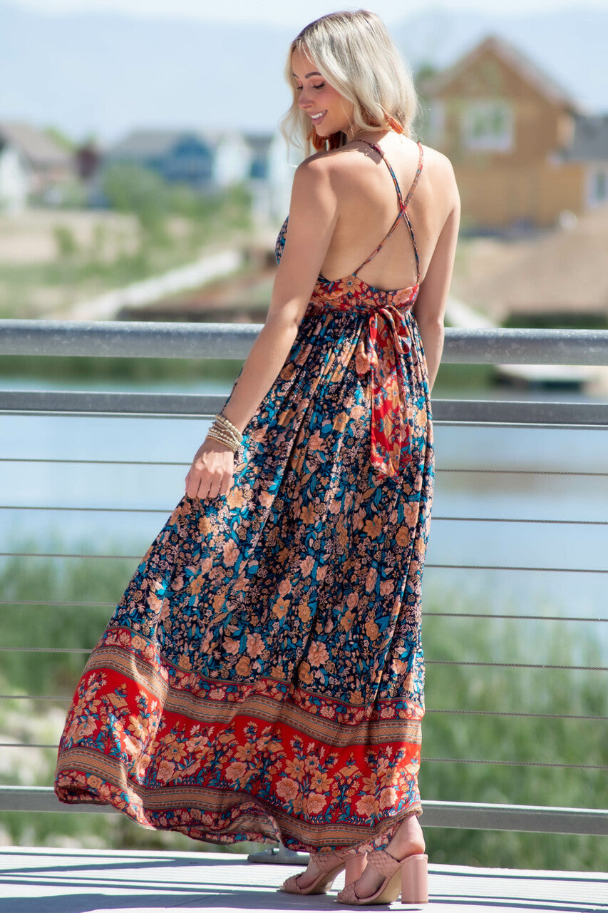 Navy and Red Floral Print Backless Maxi Dress 