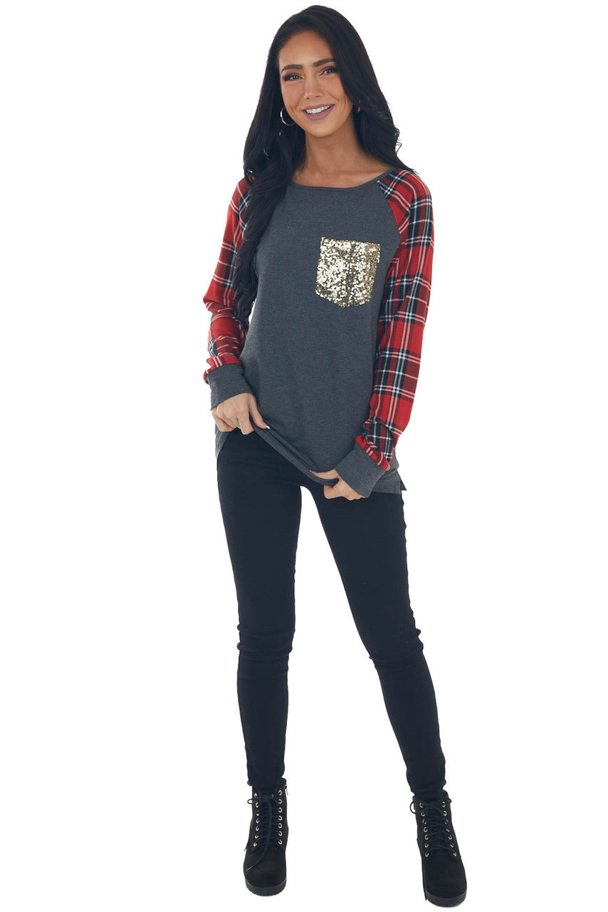 Graphite and Ruby Plaid Sequined Knit Top