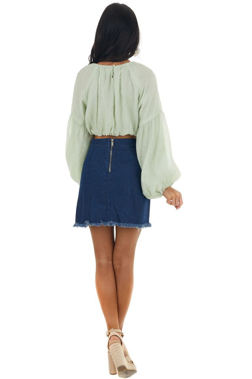 Dusty Sage Long Bubble Sleeve Woven Crop Top