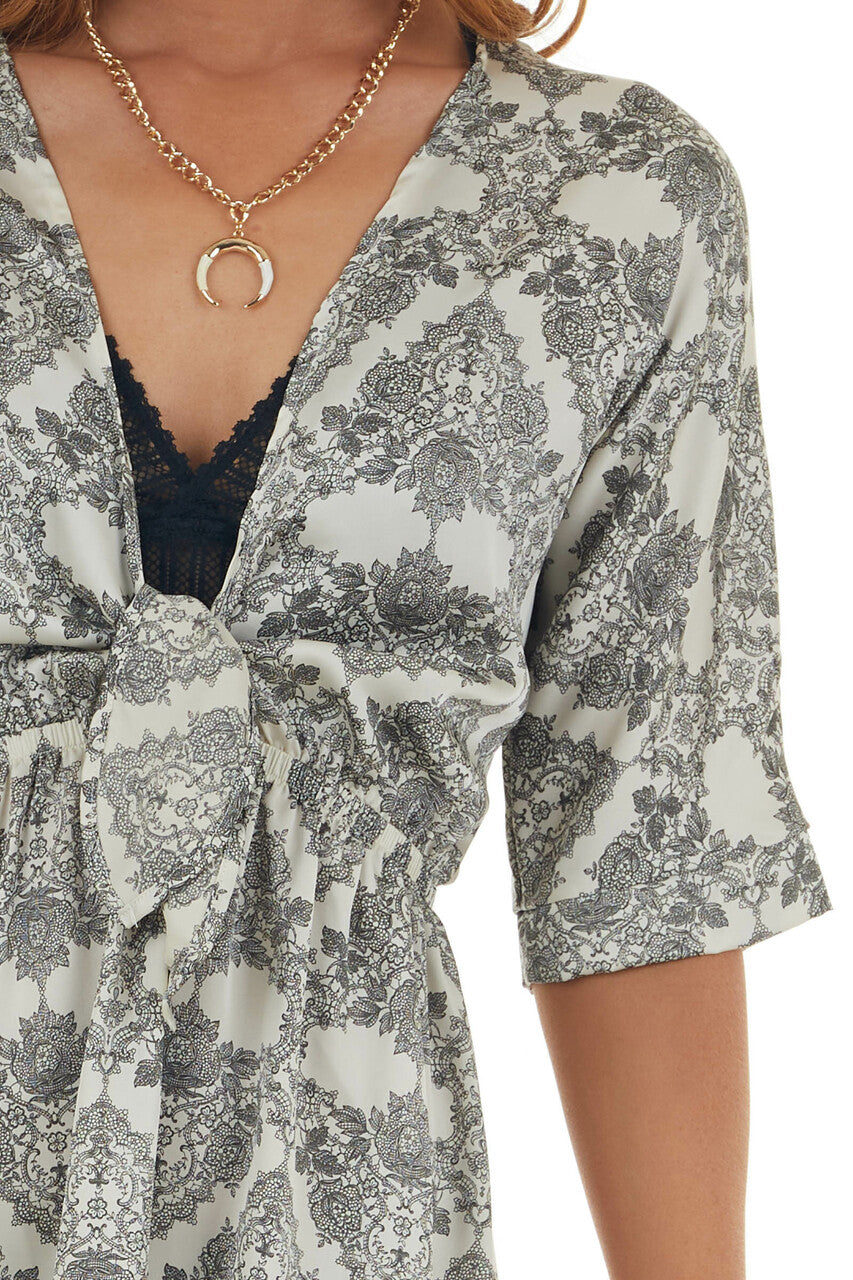 Cream Printed Plunging V Satin Short Dress