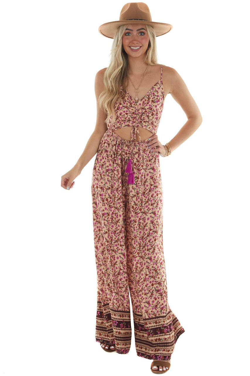 Peach Ditsy Floral Wide Leg Cut Out Jumpsuit