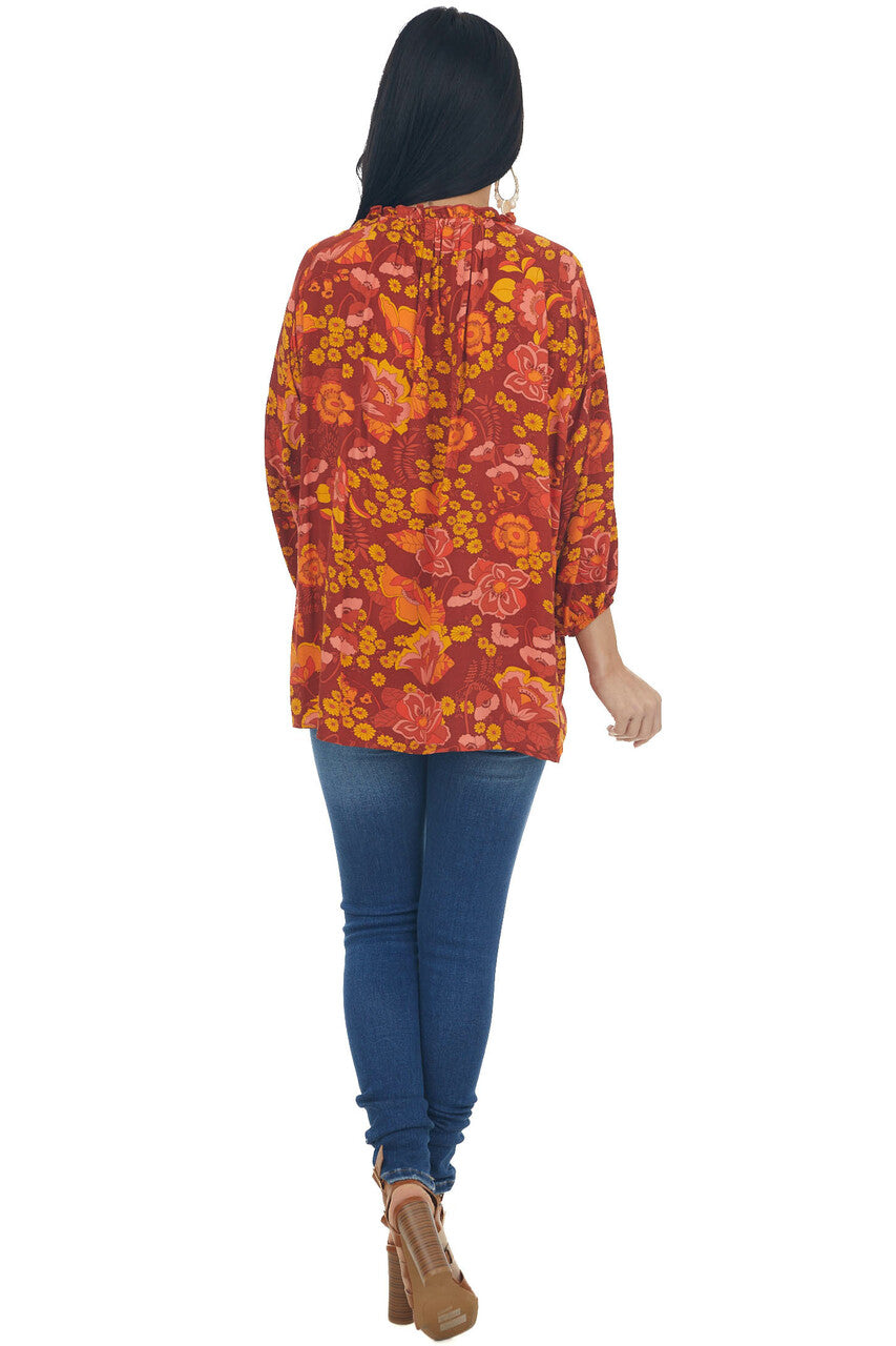 Cinnamon Floral Print Peasant Style Blouse
