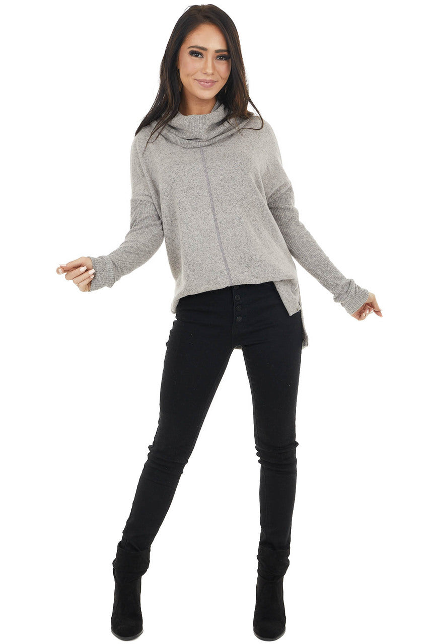 Vintage Taupe Cowl Neck Long Sleeve Top with Ribbed Detail