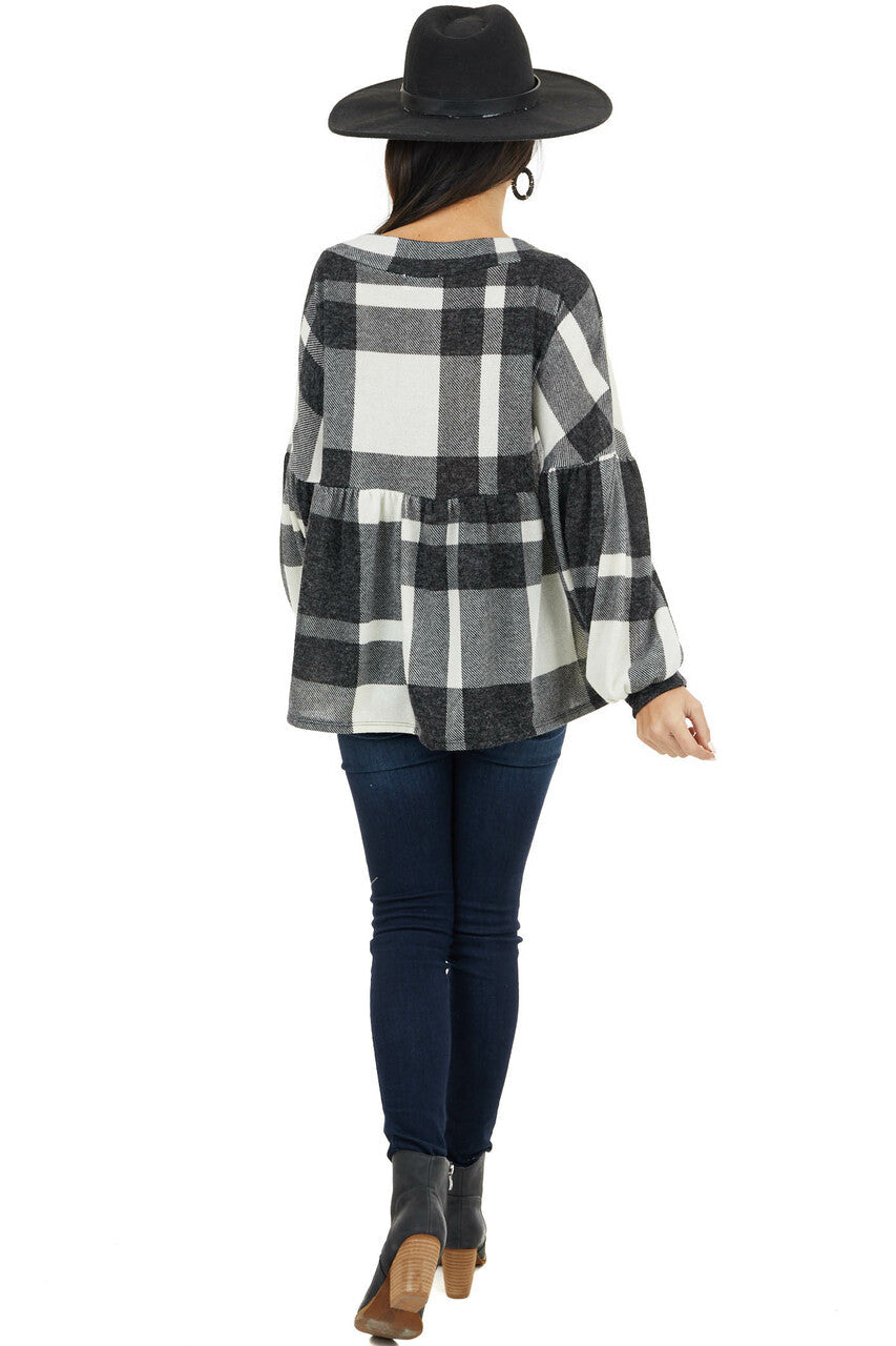 Ivory Fuzzy Buffalo Plaid Babydoll Top with Balloon Sleeves 