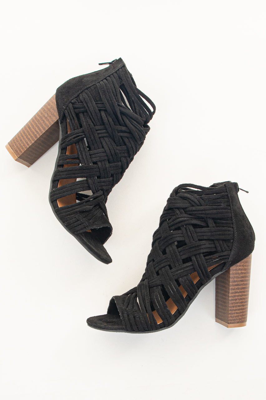 Black Faux Suede Strappy Sandal with Chunky Heel