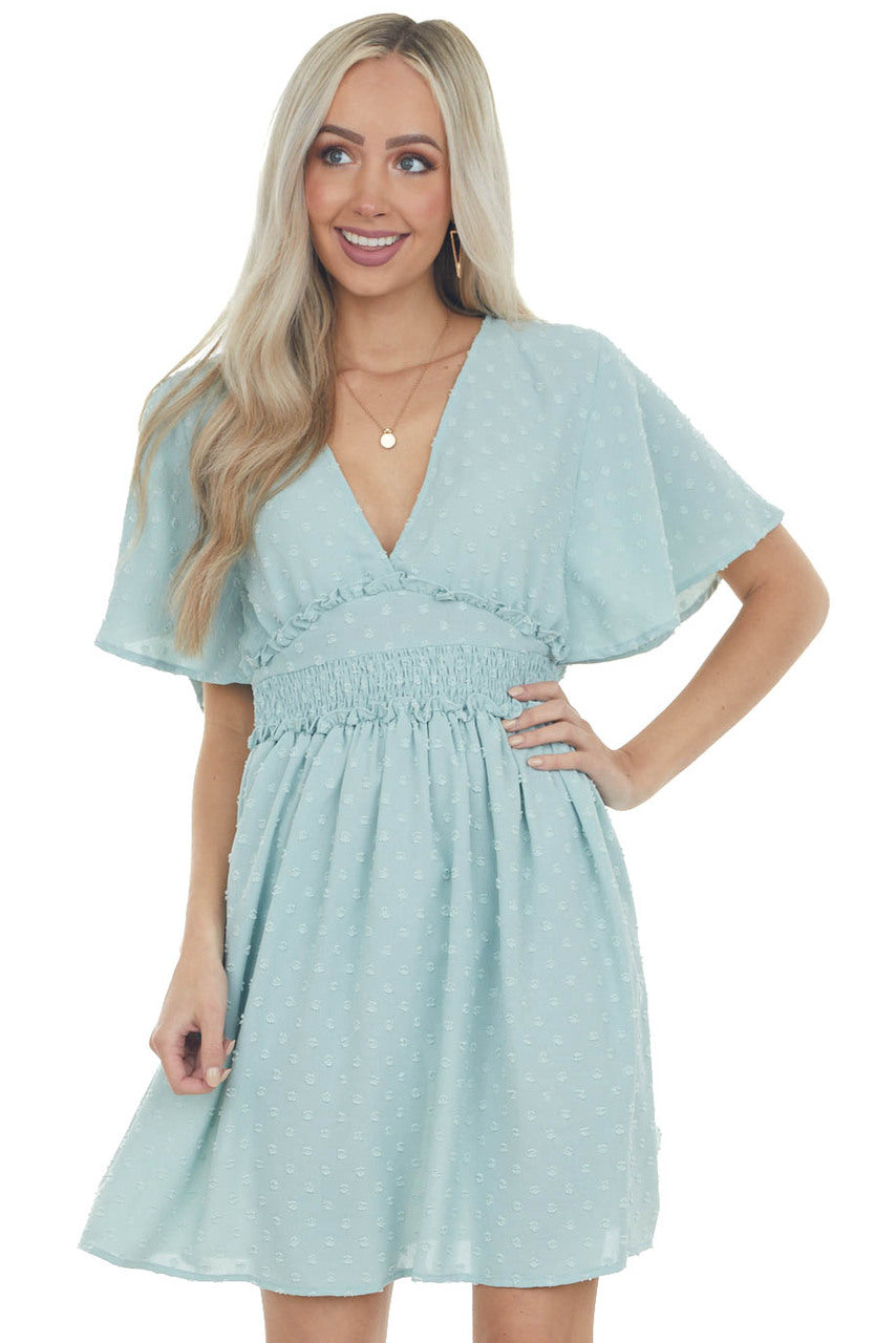 Arctic Blue Swiss Dot Smocked Waist Mini Dress