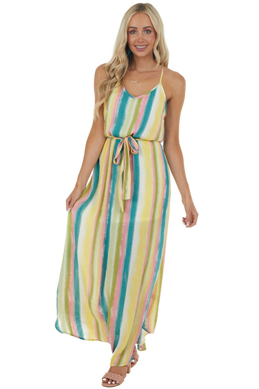 Sea Blue Striped Maxi Dress with Tie Waist