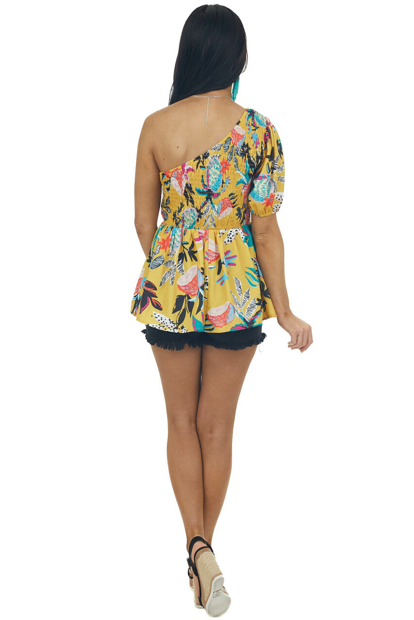 Mustard Multi Floral One Shoulder Smocked Top