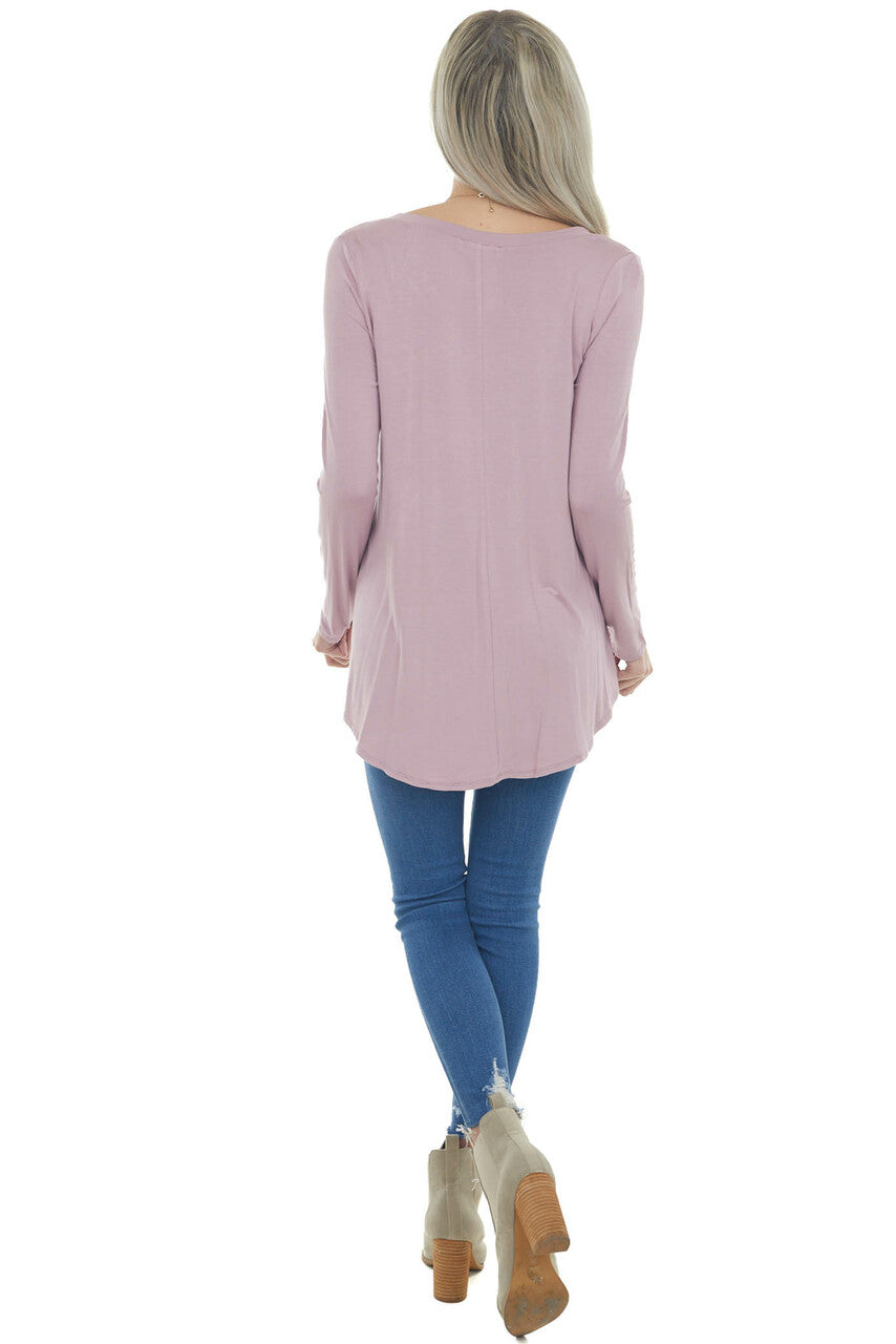 Mauve Rounded Hem V Neck Soft Knit Top 