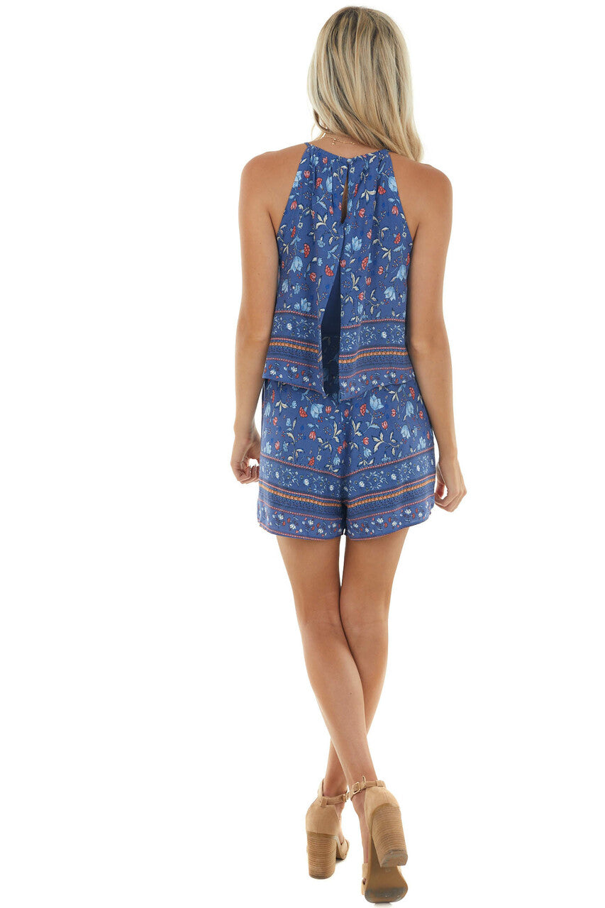Royal Blue Floral Print Halter Neck Romper 