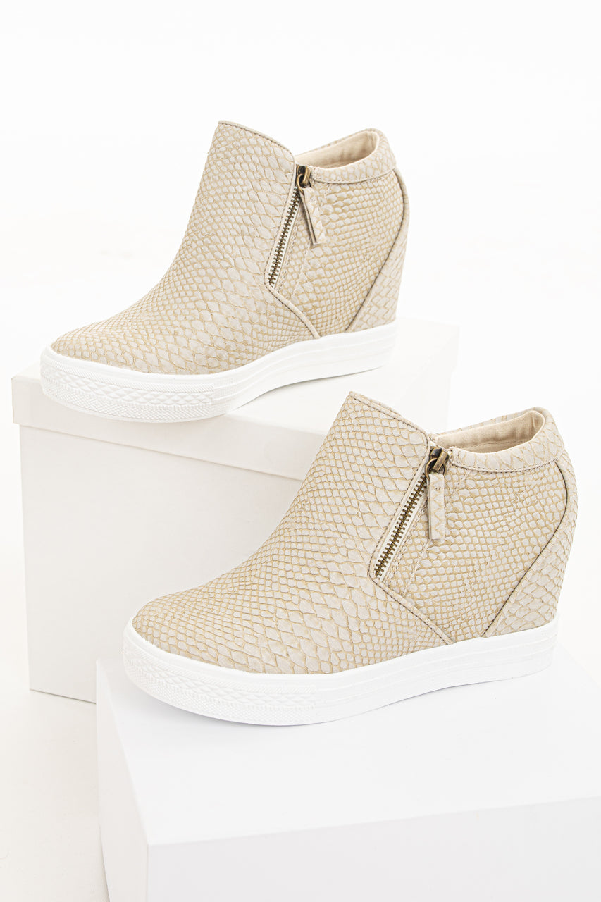 Beige Snakeskin Print Textured Wedge Sneaker with Zippers