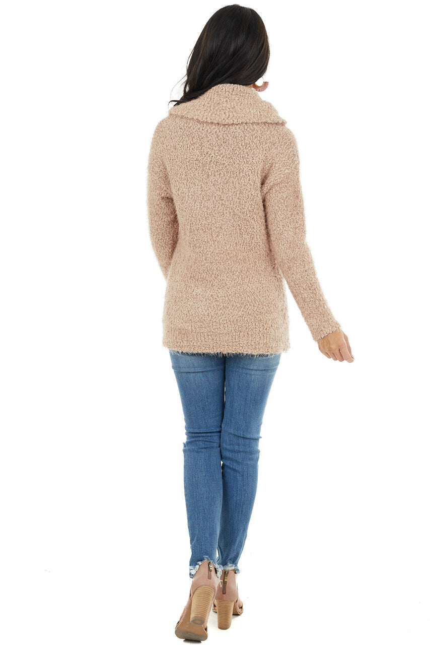 Light Mocha Fuzzy Stretchy Knit Sweater with Turtleneck