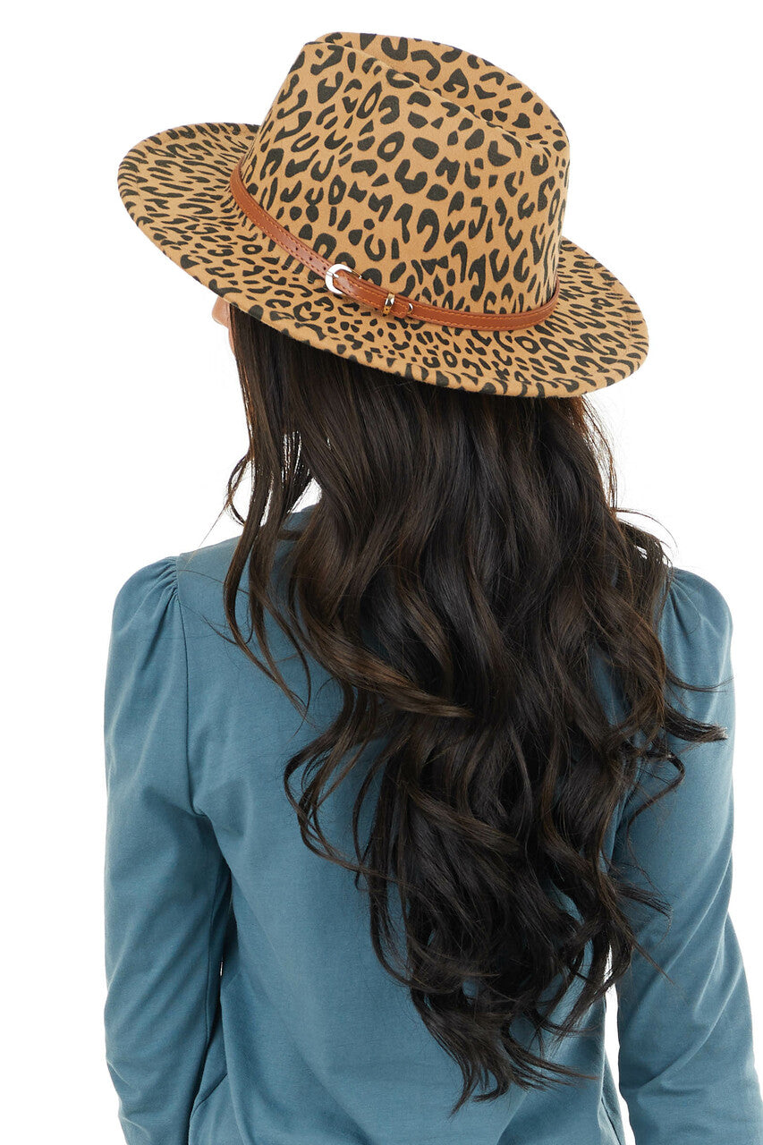 Beige Leopard Print Panama Hat with Brown Belt Detail