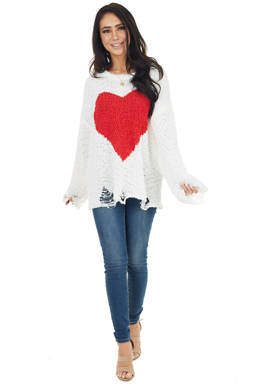 White Long Sleeve Distressed Sweater with Red Heart Detail