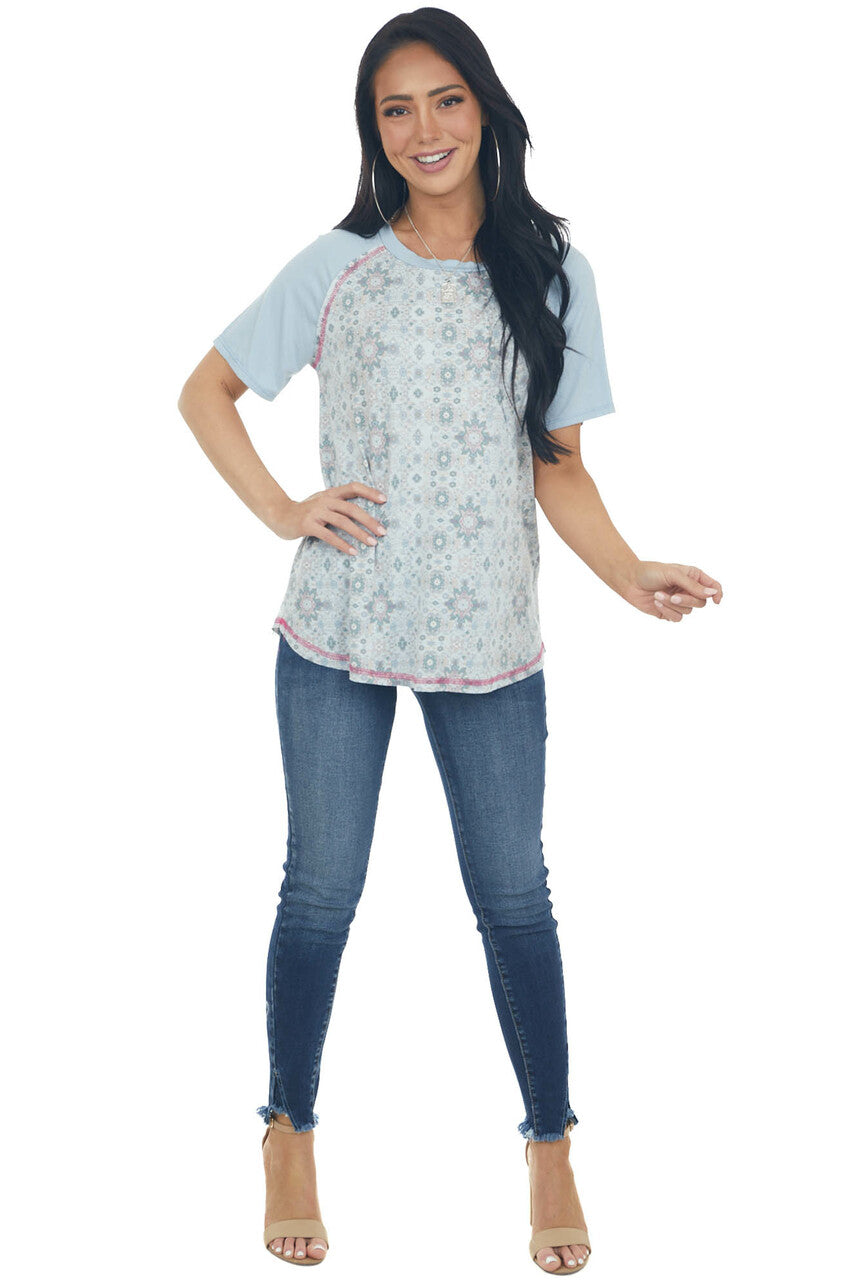 Powder Blue Abstract Print Knit Top Powder Blue Abstract Print Knit Top 