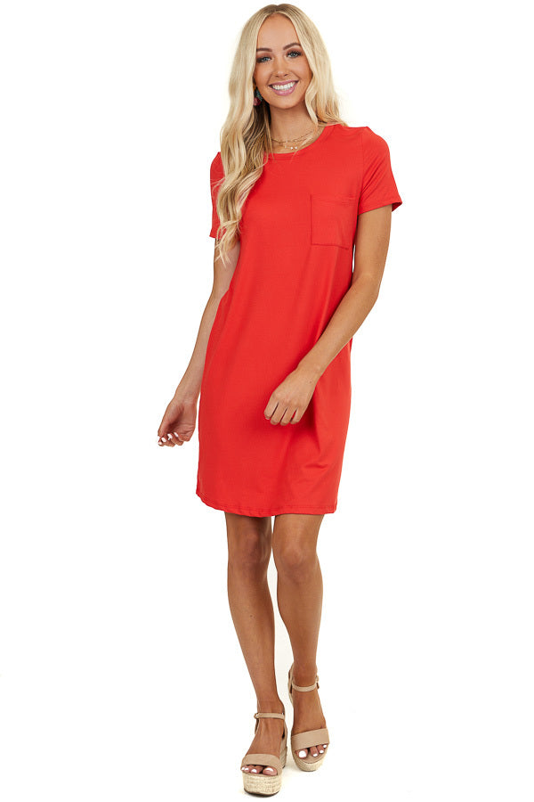Crimson Short Sleeve Soft Knit Mini Dress with Chest Pocket 