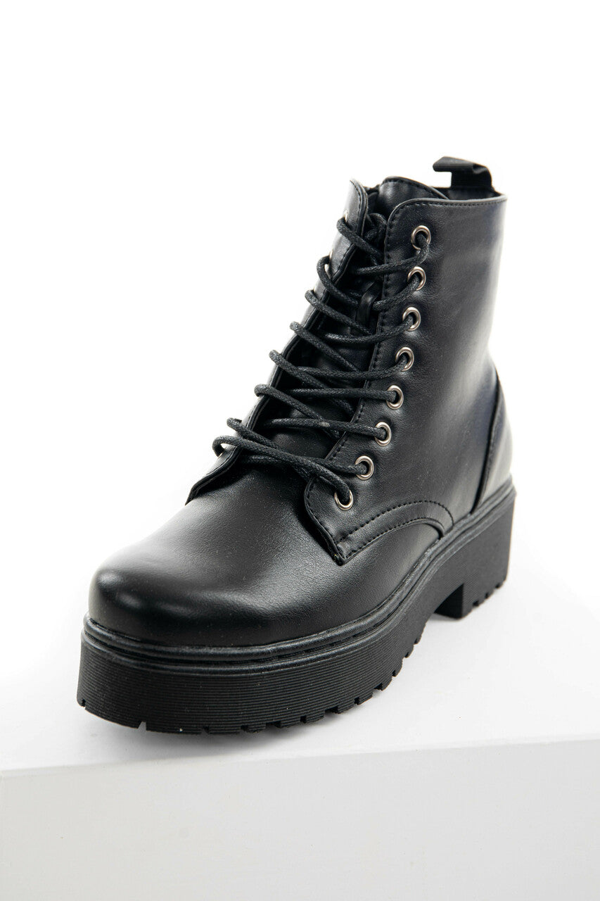 Black Faux Leather Lace Up Combat Booties