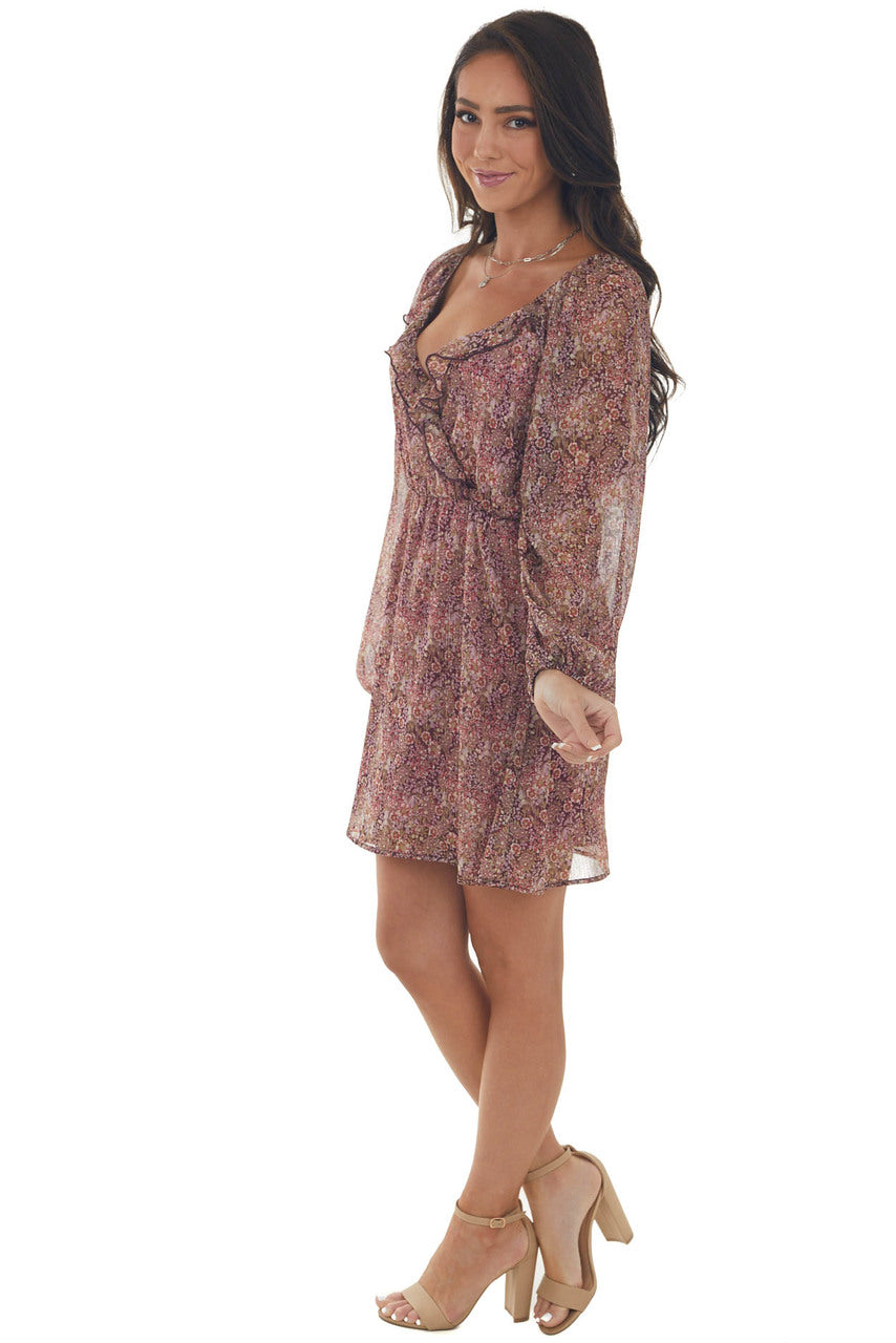 Plum Floral Dress with Metallic Threading