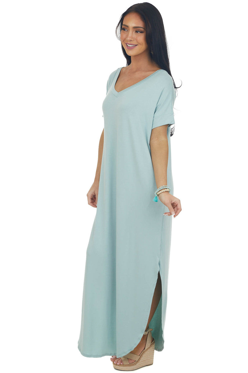 Mint Short Sleeve Maxi Dress with Side Slits 