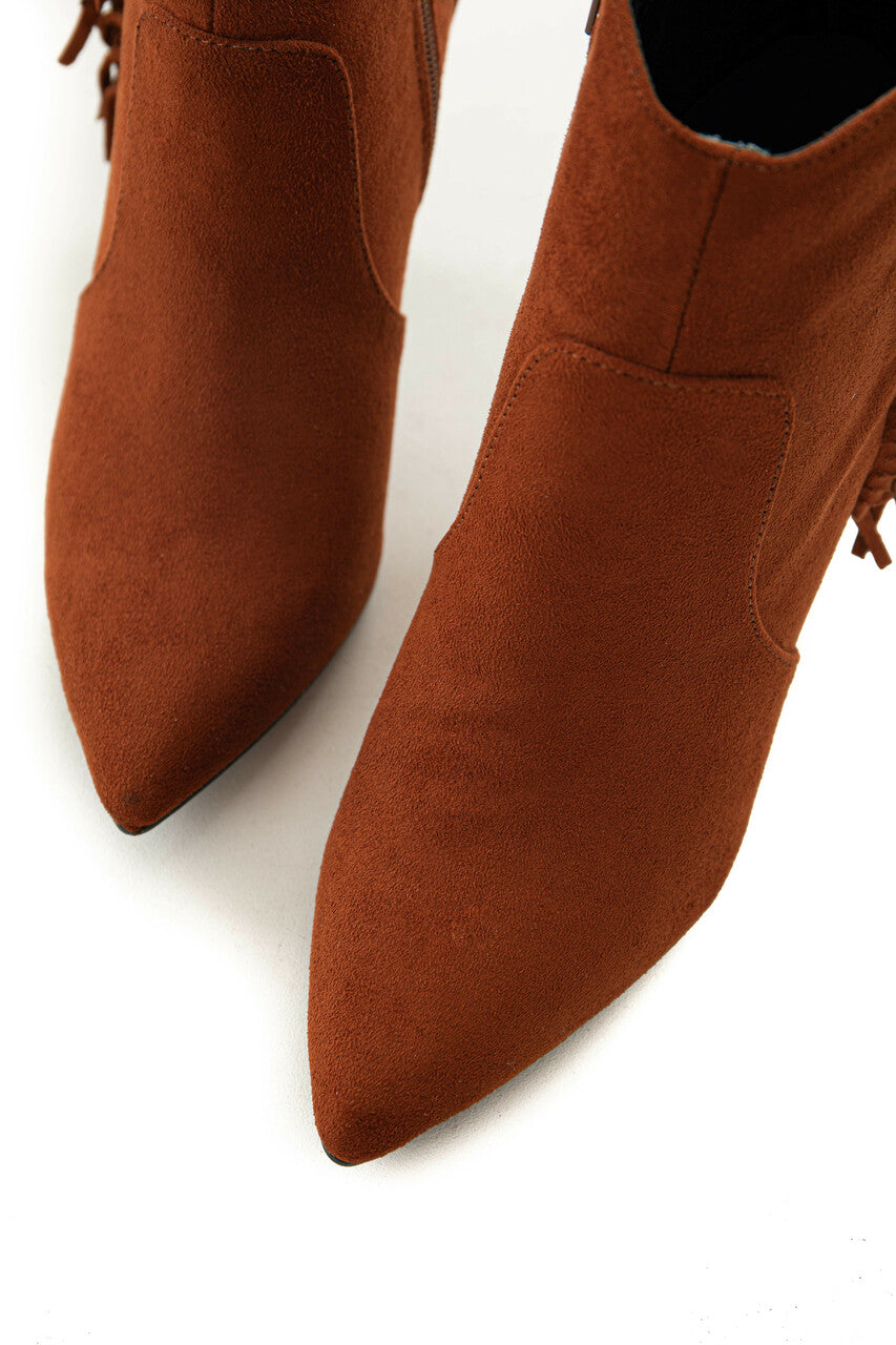 Dark Rust Faux Suede Bootie with Fringe Detail 