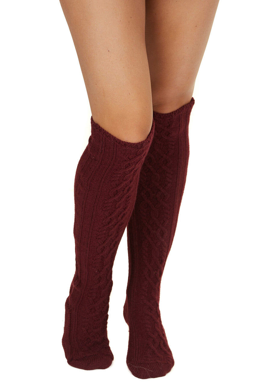 Burgundy Cable Knit Textured Knee High Cozy Socks