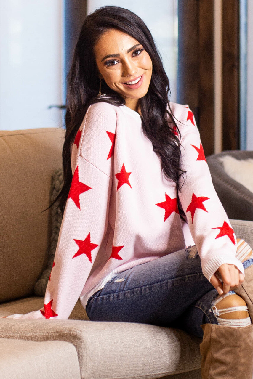 Ivory and Cranberry Star Print Stretchy Knit Long Sleeve Top