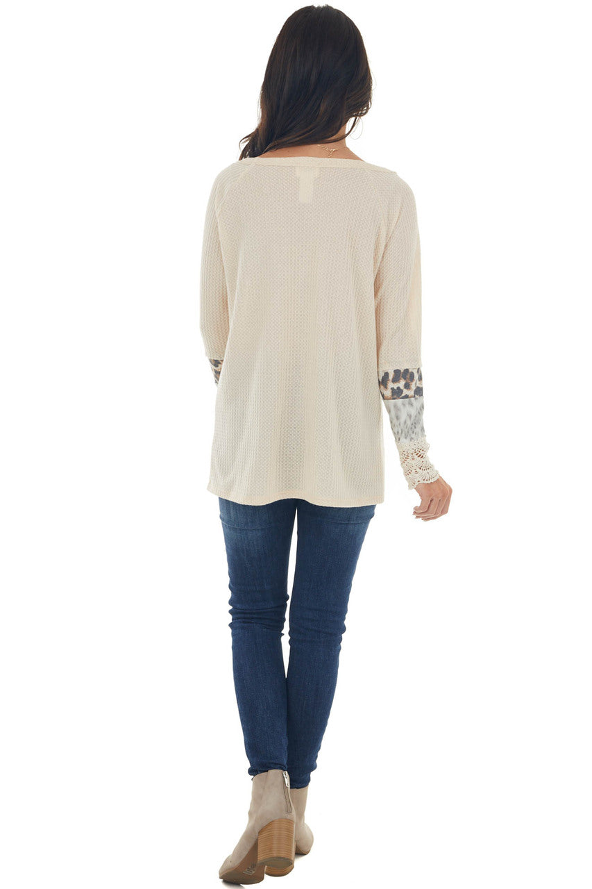 Beige Long Sleeve Waffle Knit Top with Multiprint Cuff