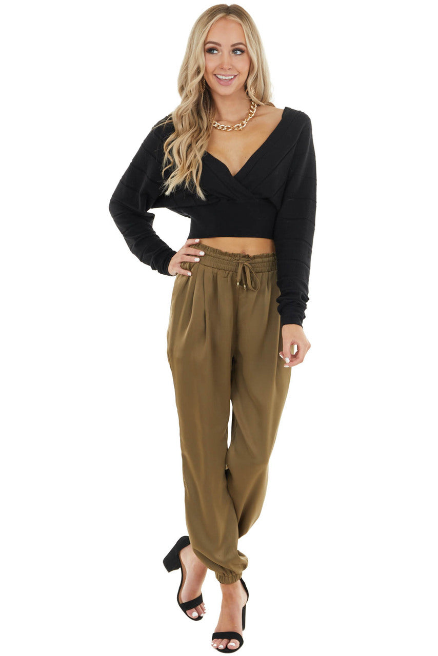 Black Surplice Long Sleeve Crop Top with Textured Stripes