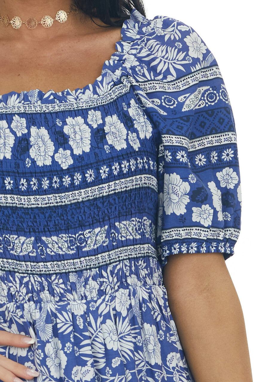 Light Navy Tropical Print Smocked Short Dress 